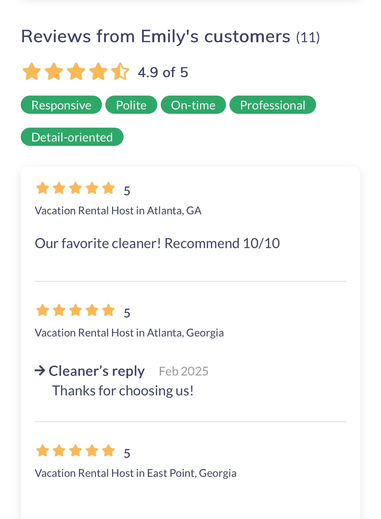Screenshot showing cleaning review rating summary and comments