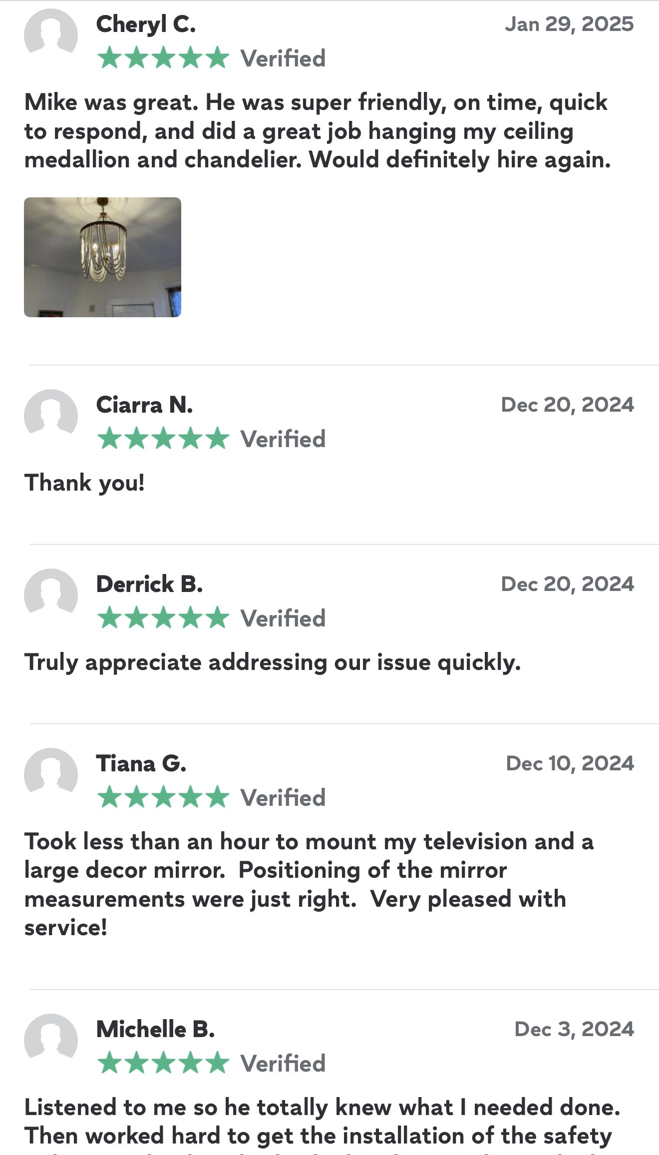 Screenshot of handyman and install customer review highlights