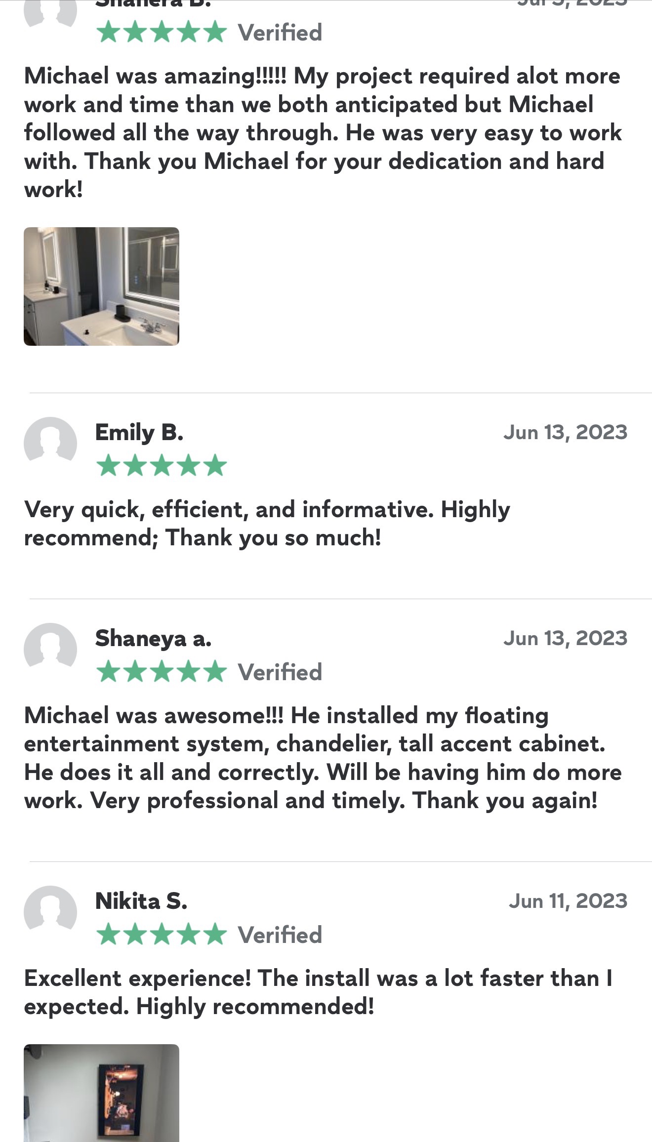 Screenshot of additional handyman customer reviews